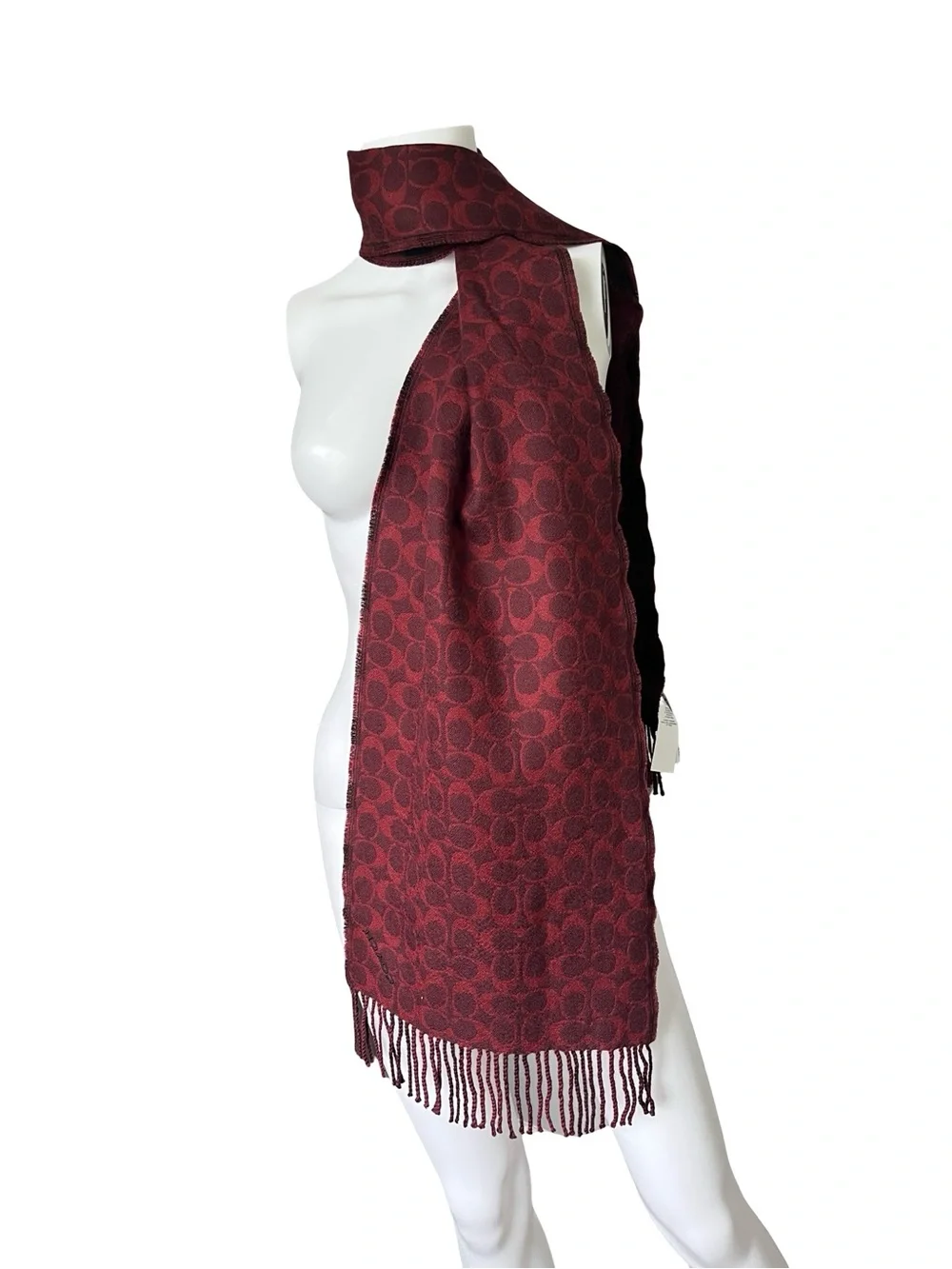 NEW Coach Scarf Reversible Signature Plaid Monogram Wool Fringe Oxblood - Picture 1 of 9